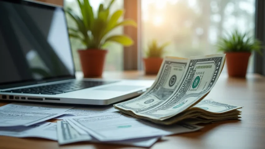 Quick Ways To Make Money Online Now The image shows a person at a laptop surrounded by icons representing various ways to quickly make money online.